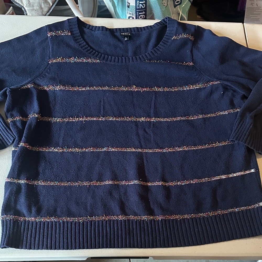 Torrid Navy Sweater with Glitter Stripes